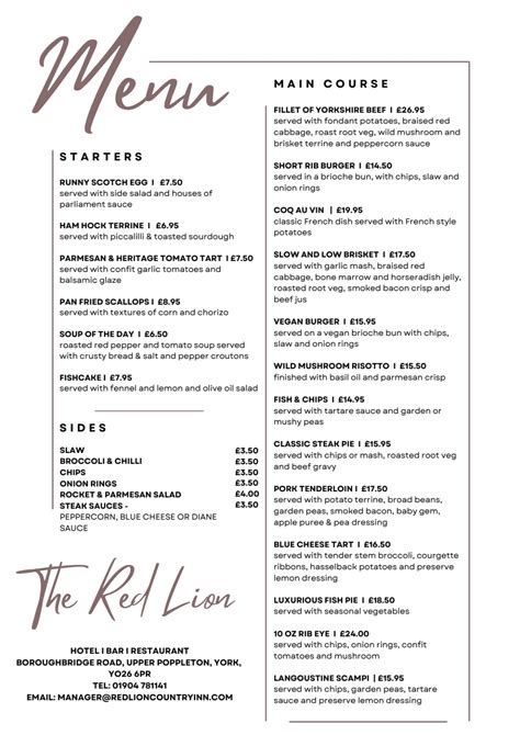 Carte et Menus 2023 - The Red Lion Inn, Upper Poppleton, York à York ...