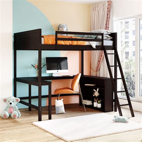 Buy Merax Full Size Wooden Loft Bed with 3 Storage Shelves and Built-in ...