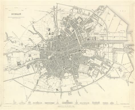 DUBLIN. Antique town city map plan. Key buildings profiles. SDUK 1844 old