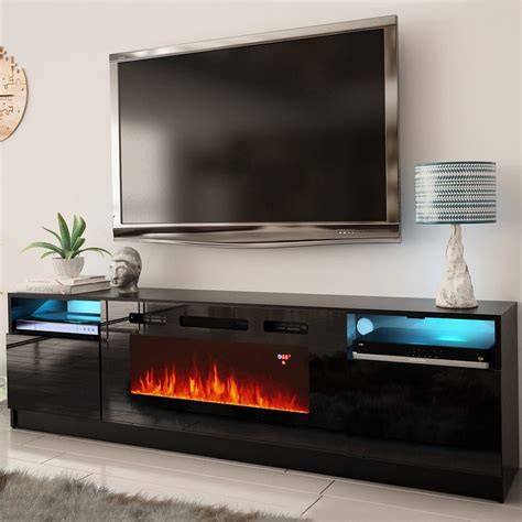 York 02 Black Electric Fireplace Modern 79" TV Stand at Futonland