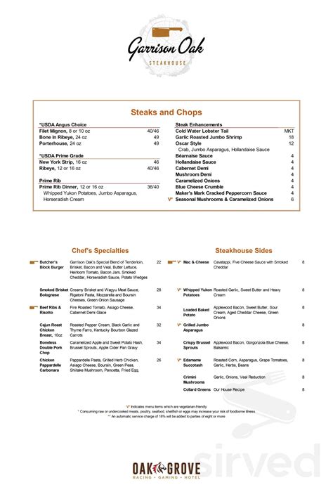 Garrison Oak Steakhouse menu in Oak Grove, Kentucky, USA