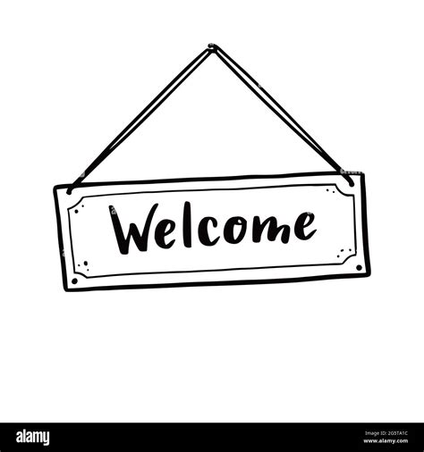 Hand drawn welcome sign element. Doodle sketch style. Shop door or ...