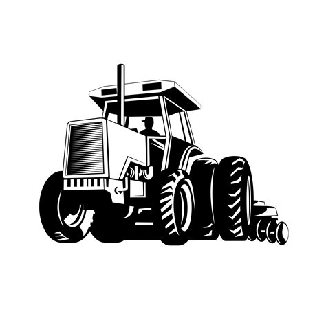 Farm Tractor Pulling a Plow or Plough While Plowing Retro in Black and ...