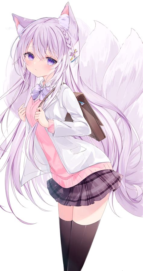 Anime Girls Anime Fox Girl Fox Ears Fox Tail School Uniform Purple Eyes ...