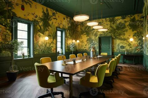 A conference room with a green and yellow wallpaper 28538380 Stock ...