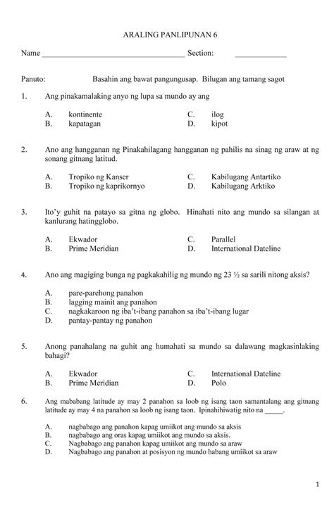 Worksheet In Araling Panlipunan Grade 2