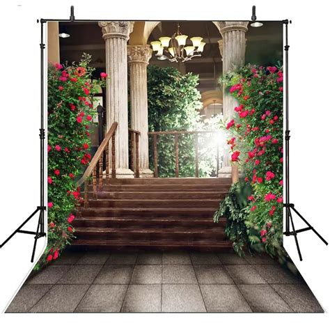 Light Column Staircase Red Flower Leaves Garden Backgrounds Vinyl cloth ...