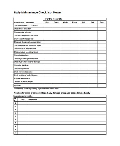 Daily Maintenance Checklist Template