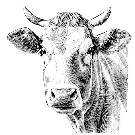 Premium Vector | A black and white drawing of a cow with horns.