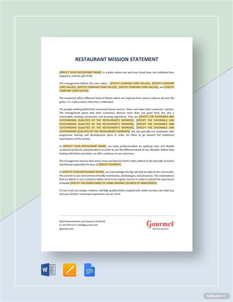 Restaurant Mission Statement Template in Pages, Word, Google Docs ...