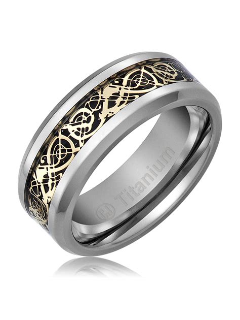 Mens Wedding Band in Titanium 8MM Promise Engagement Ring Gold-Plated ...