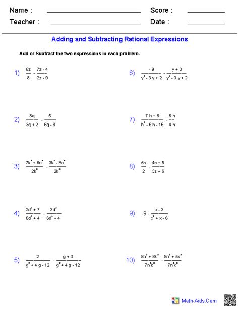 Rational Expression Worksheet #1: Simplifying