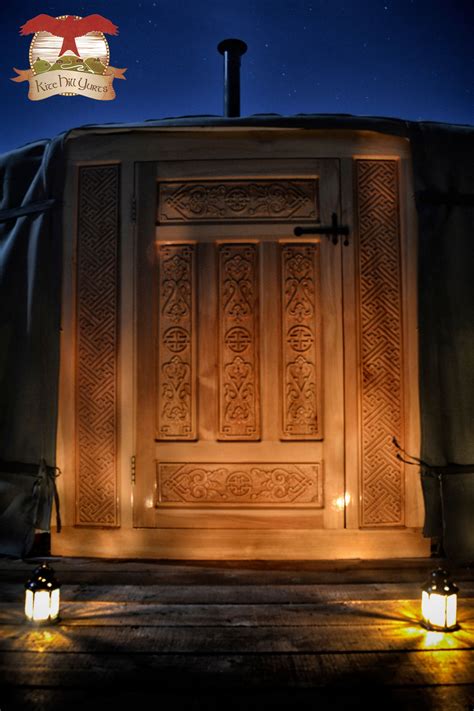 Curlew's carved door at Kite Hill Yurts | Carved doors, Yurt, Places to ...