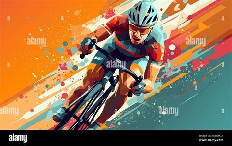 Professional bicycle racer riding a bike on abstract colorful graphic ...