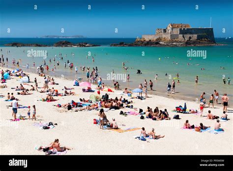 Saint Malo, Brittany, France - July 8, 2018: Crowded sandy beach at ...