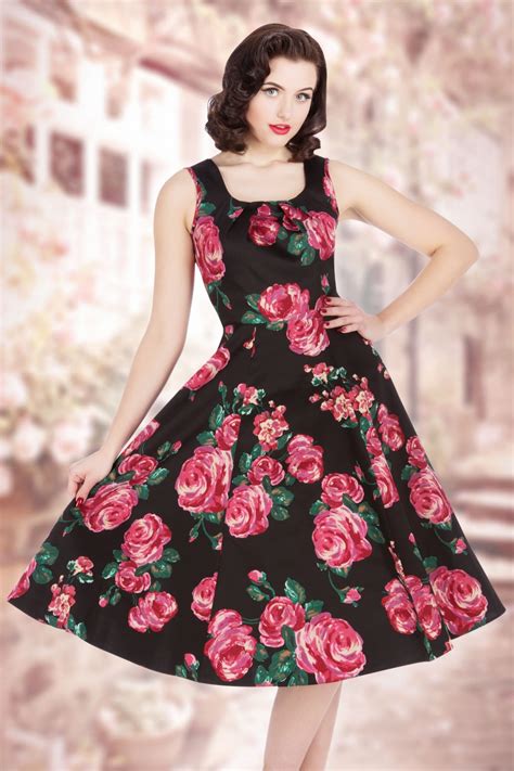 50s Jasmine Pink Rose Dress in Black