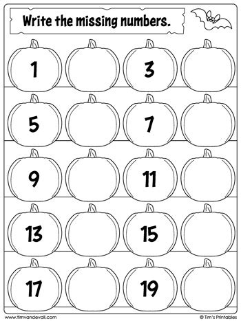 Halloween Missing Numbers Worksheet: Numbers 1 to 20 - Tim's Printables