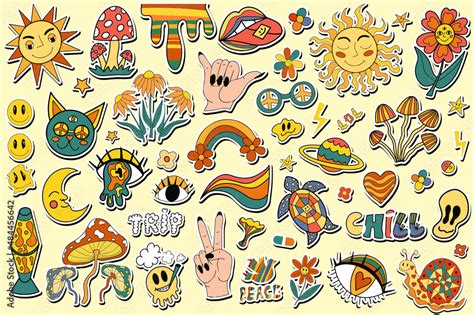 Retro 70s stickers , hippie , psychedelic trippy groovy elements ...