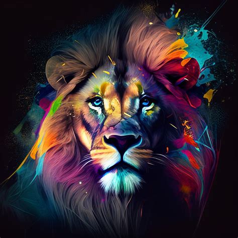 a lion with colorful paint splatches on its face