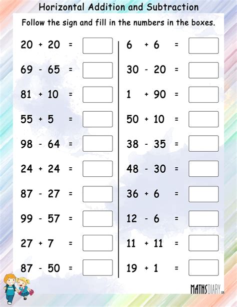 Horizontal Addition and Subtraction - Math Worksheets - MathsDiary.com