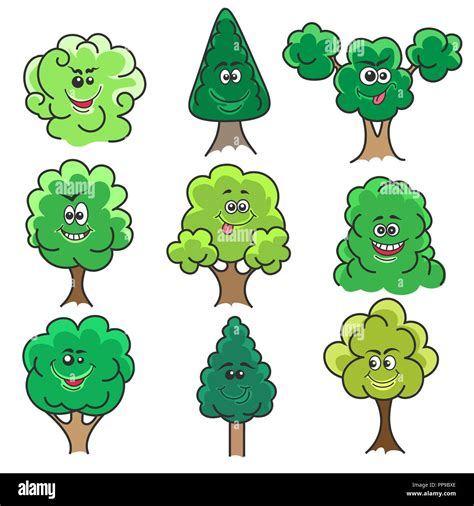 Kawaii trees. Sketch cartoon tree set with cute smiles vector ...