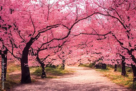 Pink sakura blossoming alley. Wonderful park with rows of blooming pink ...