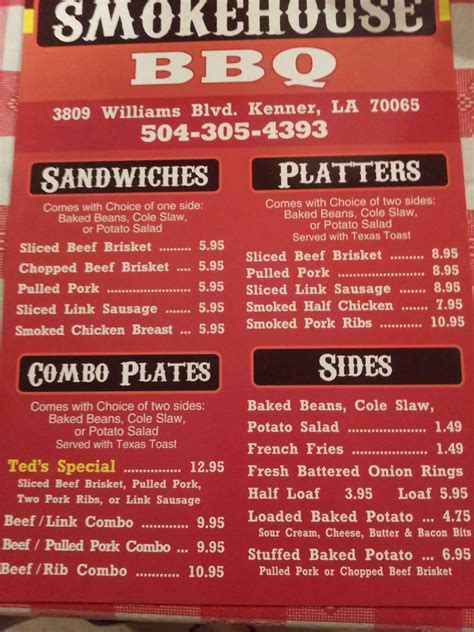 Menu at Ted's Smokehouse BBQ, Kenner