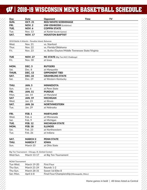 Wisconsin Badgers Basketball Schedule 2018 Printable | TUTORE.ORG ...