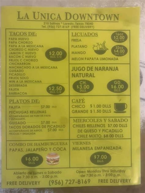 La Unica menus in Laredo, Texas, United States