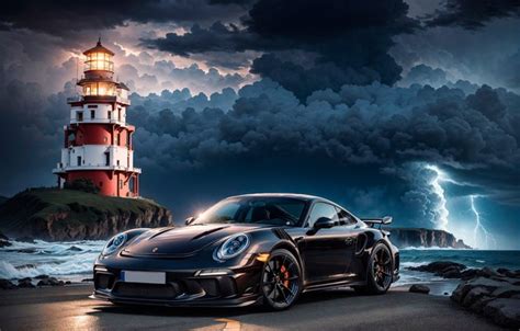 Wallpaper sea, the storm, lightning, lighthouse, sports car, Porsche ...