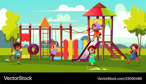 Kids playing on park playground cartoon Royalty Free Vector