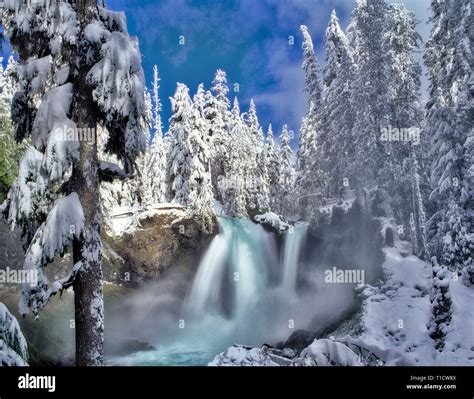 Sahalie Falls with snow. Willamette National Forest. Oregon Stock Photo ...