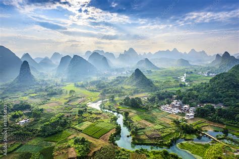 Landscape of Guilin, Li River and Karst mountains. Located near ...