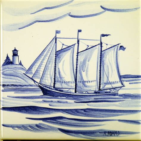 Victory Chimes Schooner tile 8" x 8" - Columbia Falls Pottery