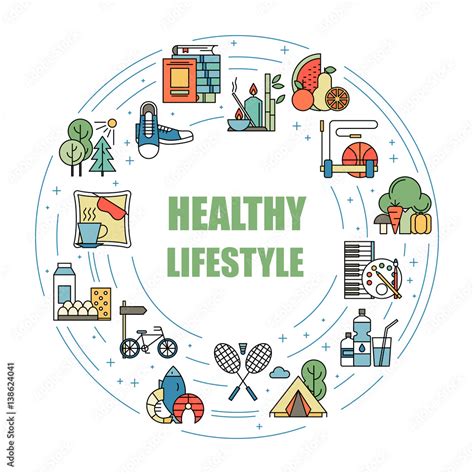 Healthy lifestyle habits colorful line vector icons. Proper nutrition ...