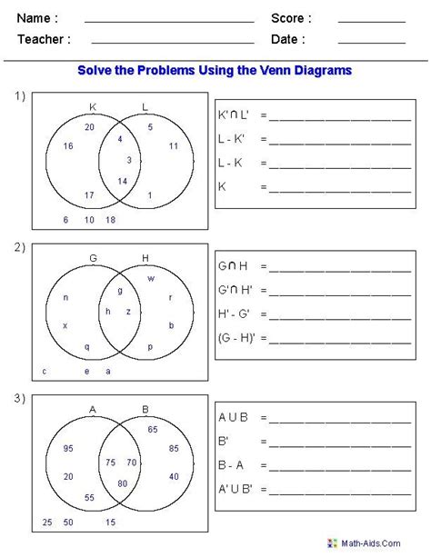 Venn Diagram Worksheets - Set Notation Problems Using Two Sets | Venn ...