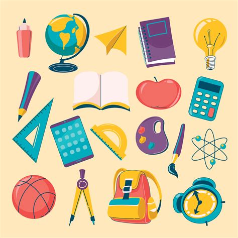 Colorful Cartoon School Supplies Icon Set 2850123 Vector Art at Vecteezy