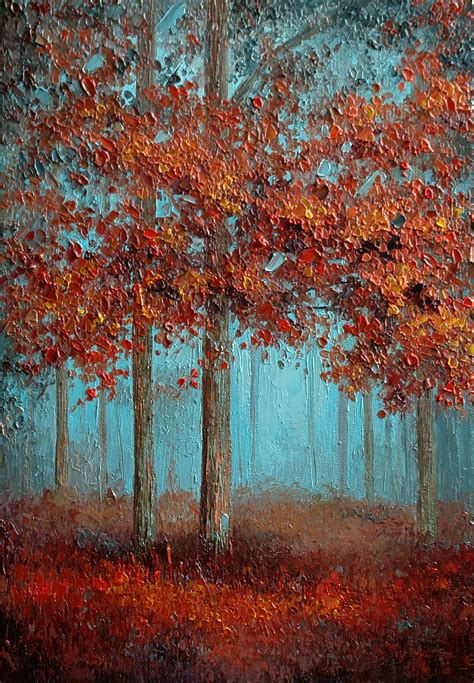 Autumn Fog Red Forest Original Painting Oil on Canvas Mini | Etsy