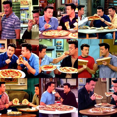 chandler bing and joey Tribbiani eating pizza, friends | Stable Diffusion