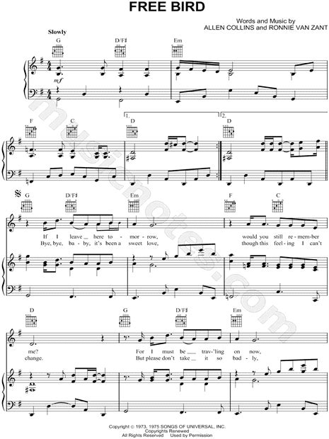 Lynyrd Skynyrd "Free Bird" Sheet Music in G Major (transposable ...