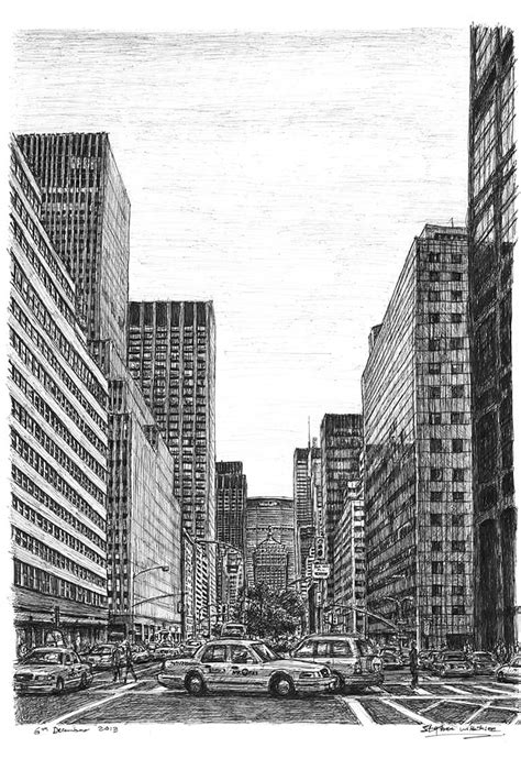 New York street scene on Park Avenue - Original drawings, prints and ...