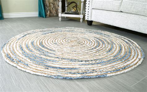 5 ft Blue Round Rug for Living Room Braided Denim & Jute Non-slip ...