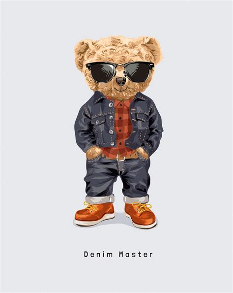 Premium Vector | Cute bear doll in sunglasses wearing denim jacket and ...