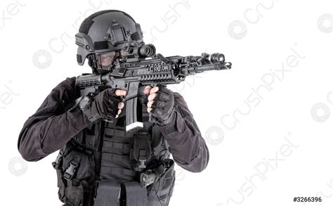 Police SWAT team fighter aiming assault rifle - stock photo 3266396 ...