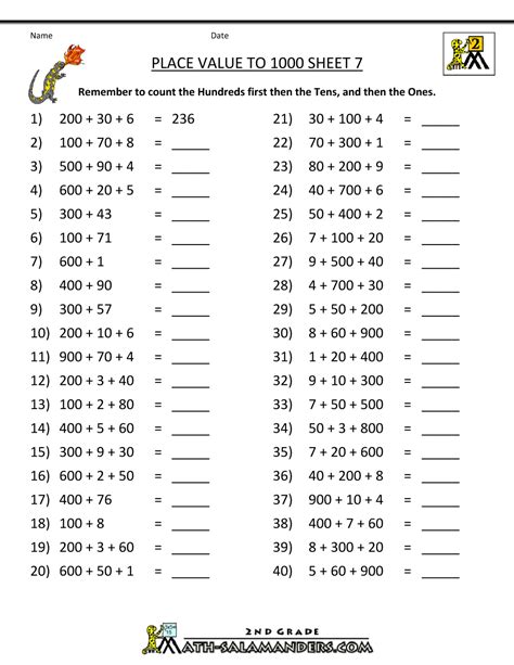 Math Place Value Worksheets to 1000