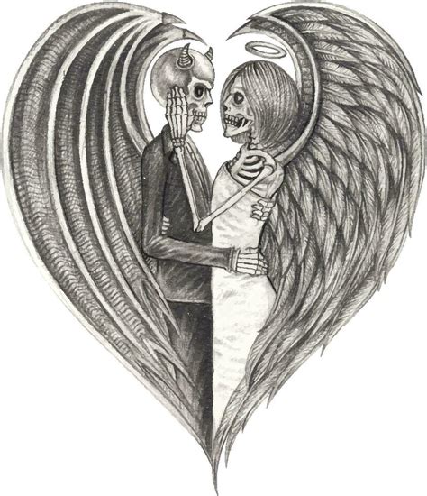 Couple in love fantasy devil and angel skulls. Hand drawing and make ...