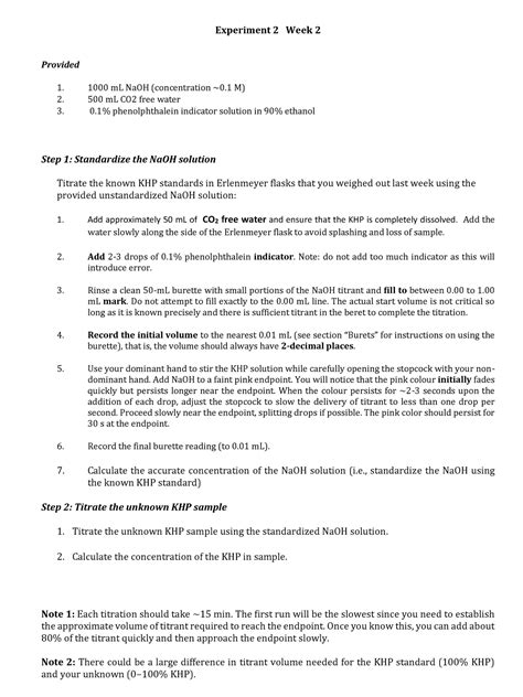 Experiment 2 Week 2 - Experiment 2 Week 2 Provided 1000 mL NaOH ...