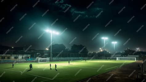 Premium AI Image | Soccer field at night with lights and players in the ...