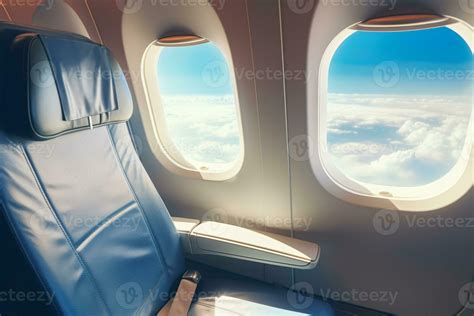 Economy class airplane window. Airplane interior with relaxing window ...