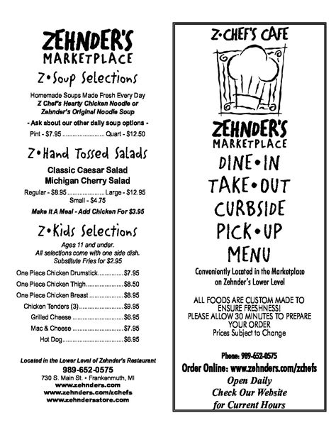 Z Chef’s Cafe Menus |Zehnder’s of Frankenmuth Dining